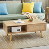 ONIJA Coffee Table With Storage, 41.3 Inch Rectangle Wooden Accent Center Sofa Table With Sliding Pe Rattan Woven Door Panel&Solid Wood Legs, Suitable For Living Room, Apartment